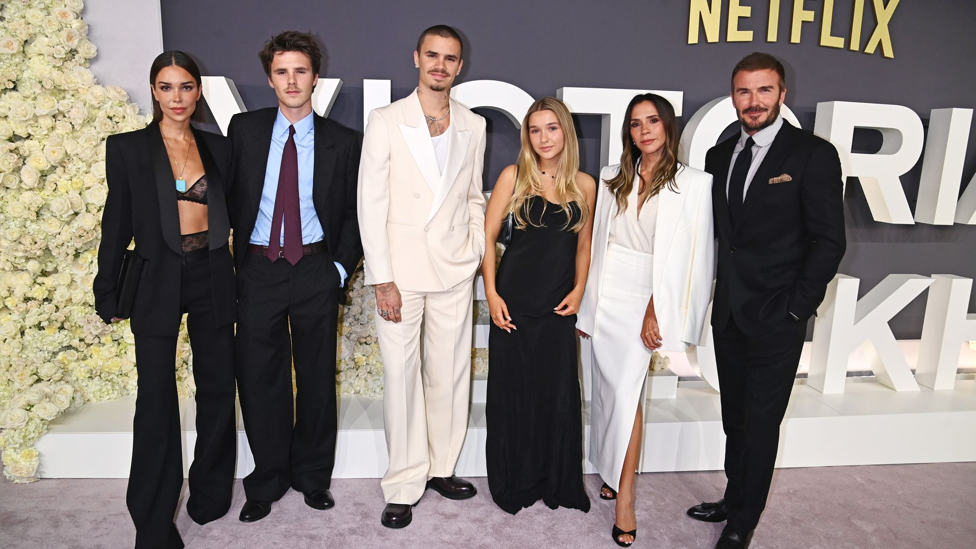 Jackie Apostel, Cruz Beckham, Romeo Beckham, Harper Beckham, Victoria Beckham and David Beckham attend the World Premiere of "Victoria Beckham" at The Curzon Mayfair on October 8, 2025 in London, England
