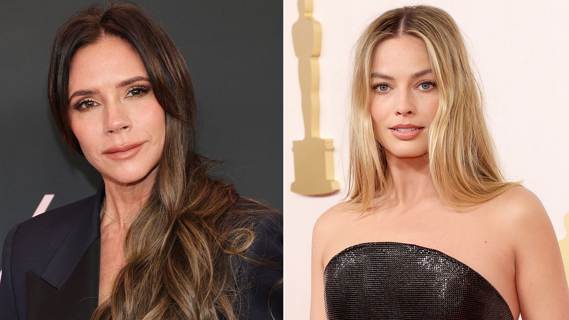Margot Robbie in black dress beside photo of victoria beckham in black blazer