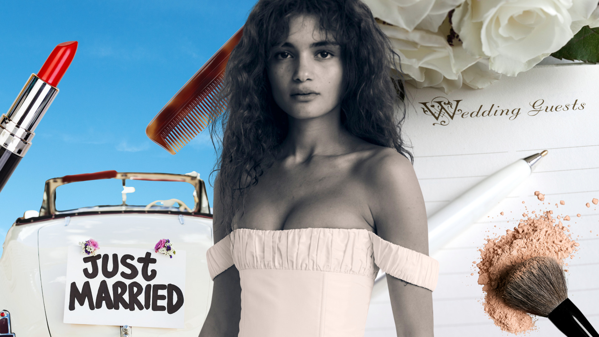 Bride surrounded by wedding emblems 