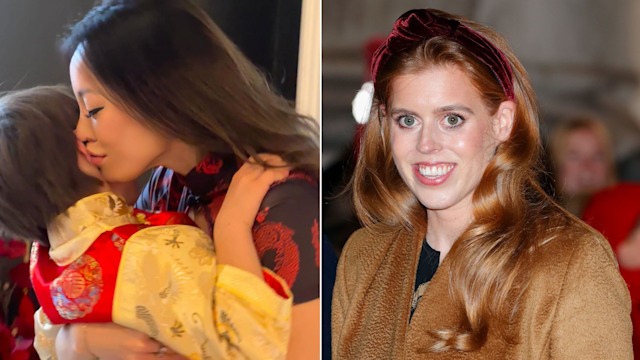 Dara Huang kissing her son Wolfie and Princess Beatrice