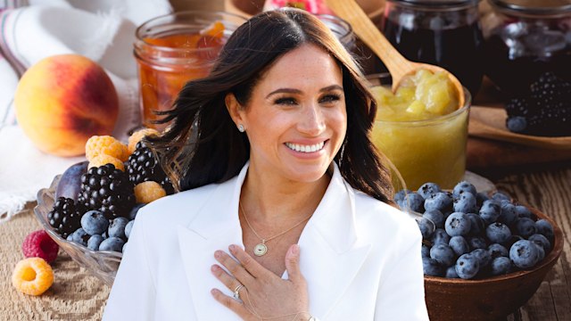 Meghan Markle in white blazer against jams 