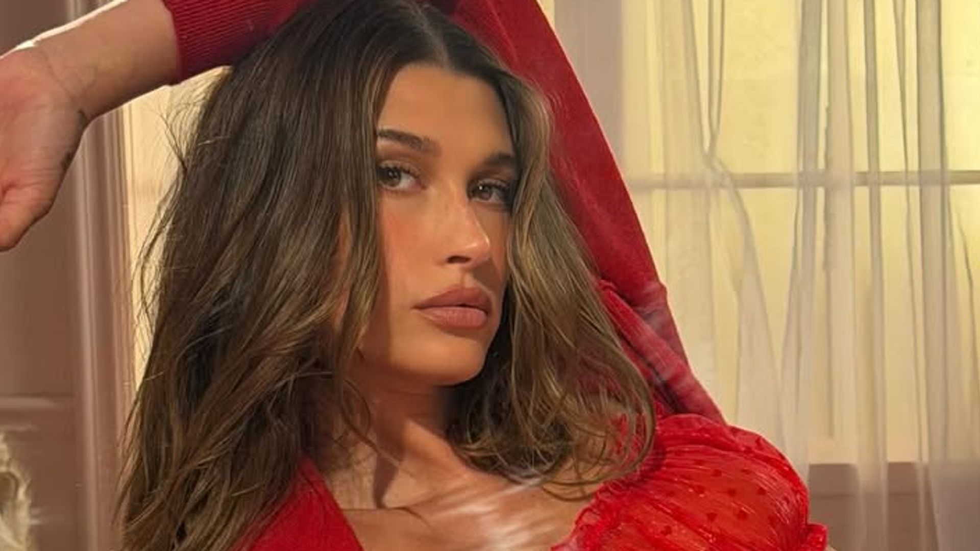 Hailey Bieber in red lingerie 