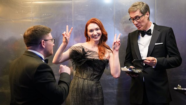 Eleanor Tomlinson and Stephen Merchant pose backstage during the 2024 BAFTA Television Awards with P&O Cruises 