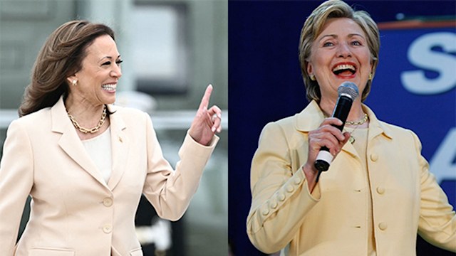 Kamala Harris and Hillary Clinton wearing a cream power suit