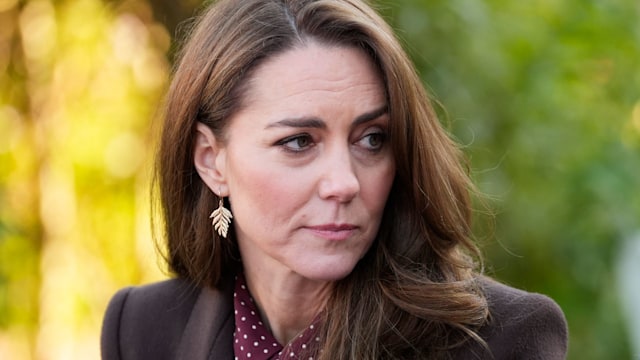 Kate Middleton in a brown suit with a straight face