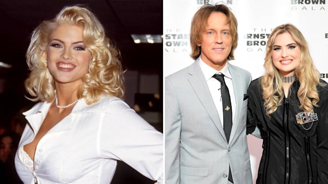Split image of Anna Nicole Smith, and Larry Birkhead with their daughter Dannielynn Birkhead