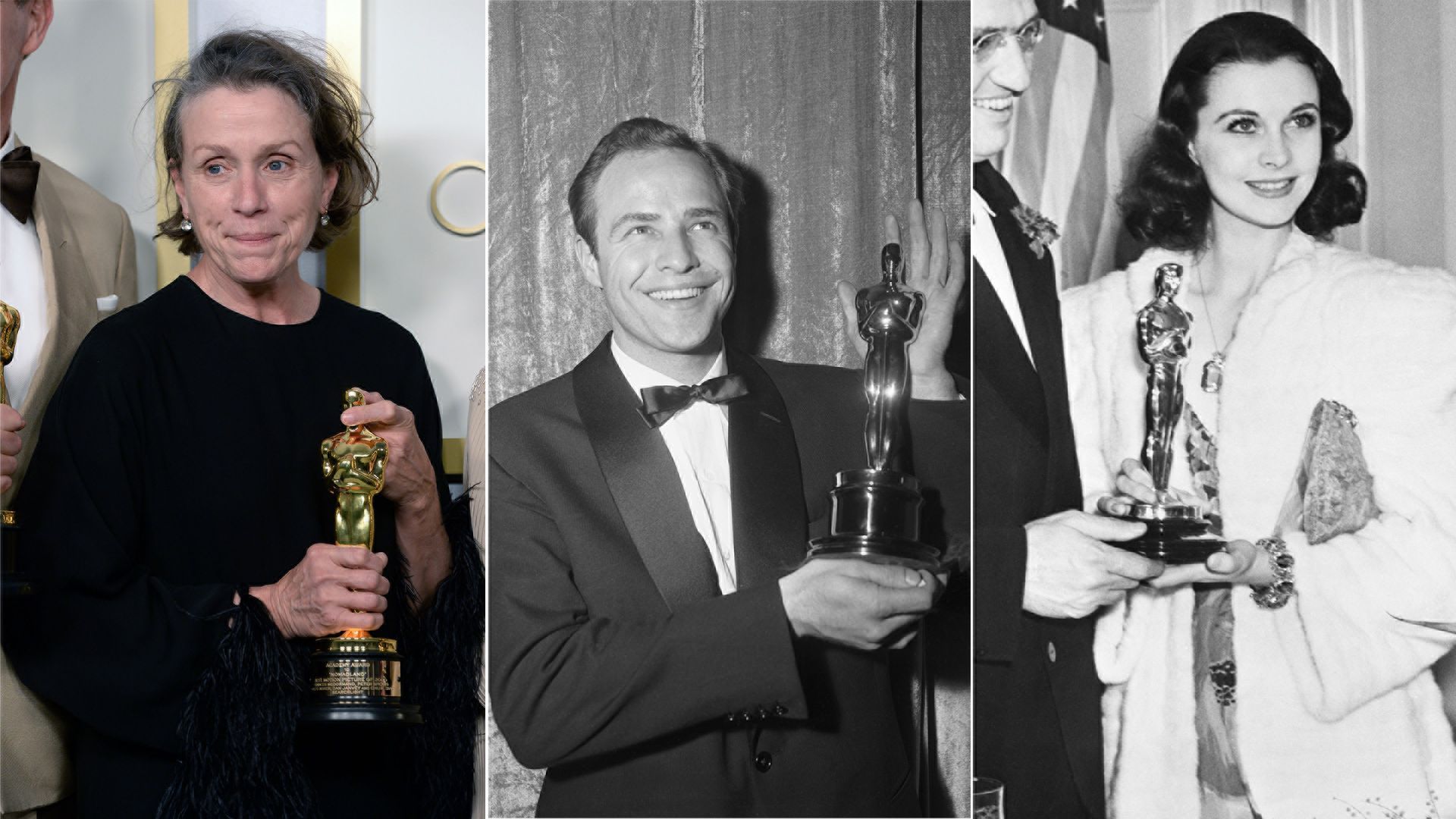 Frances McDormand, Marlon Brando and Vivien Leigh all holding their Oscars