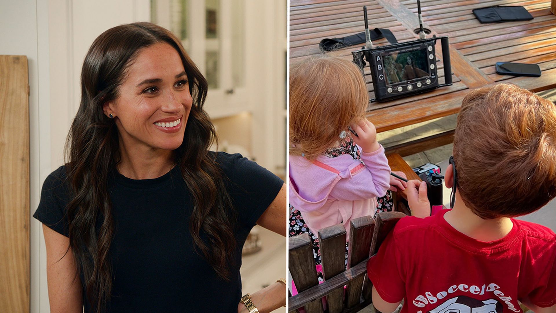 split image, woman with brunette hair smiling, two small children watching screen