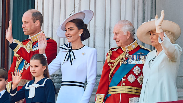 Prince William, Kate Middleton, King Charles and Queen Camilla wave on the balcony of Buckingham Palace