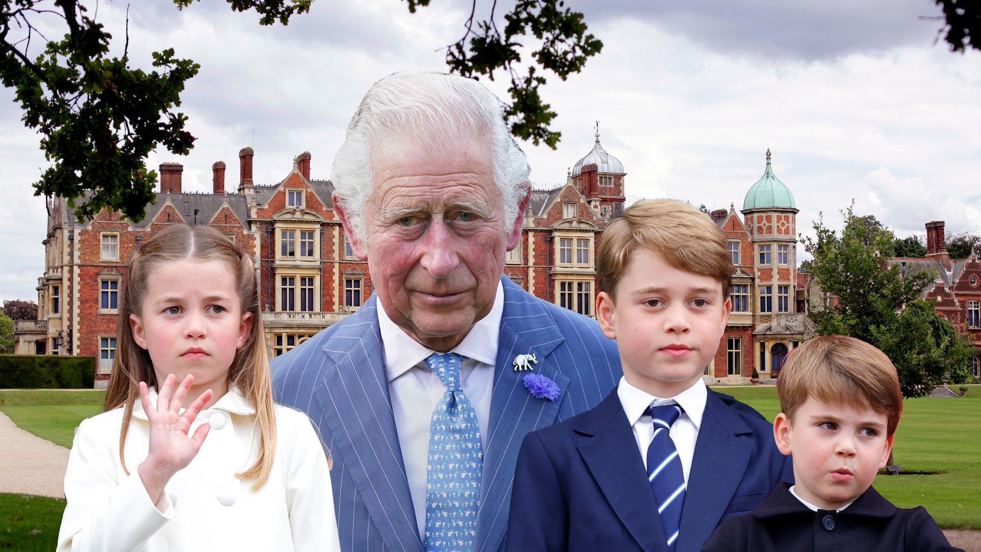 King Charles with grandkids George, Charlotte and Louis in front of Sandringham