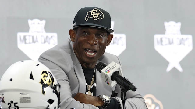 Head coach Deion Sanders of the Colorado Buffaloes speaks with the media during the Big 12 Media Days at The Ford Center at The Star on July 09, 2025 in Frisco, Texas.