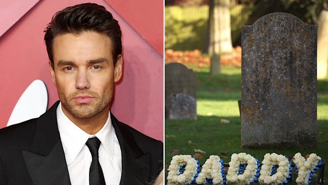 Split image of Liam Payne and a floral tribute reading 'Daddy' in front of a gravestone