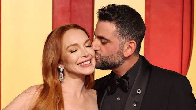 Lindsay Lohan and Bader Shammas attend the 2024 Vanity Fair Oscar Party Hosted By Radhika Jones at Wallis Annenberg Center for the Performing Arts on March 10, 2024 in Beverly Hills, California.