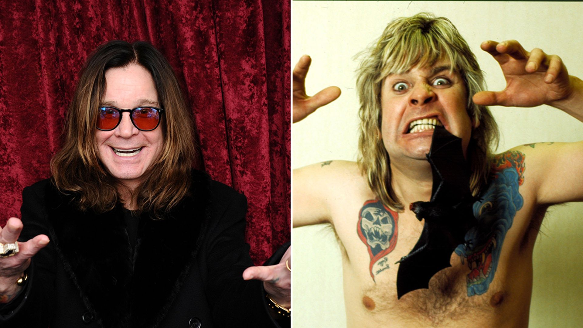 split image of Ozzy Osbourne with his hands outstretched and of a blonde Ozzy Osbourne biting the wing of a rubber bat
