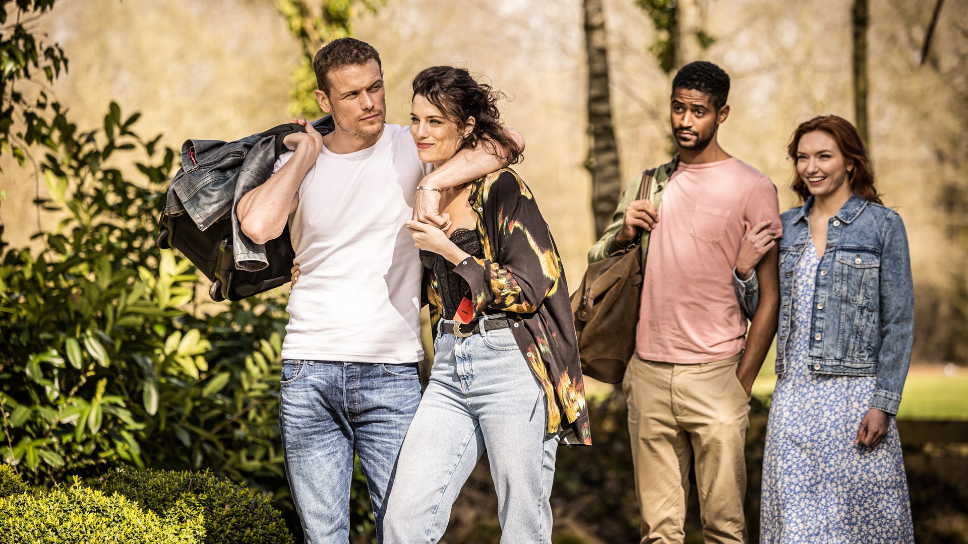 Sam Heughan, Jessica De Gouw, Alfred Enoch and Eleanor Tomlinson as Danny, Becka, Pete and Evie in The Couple Next Door 