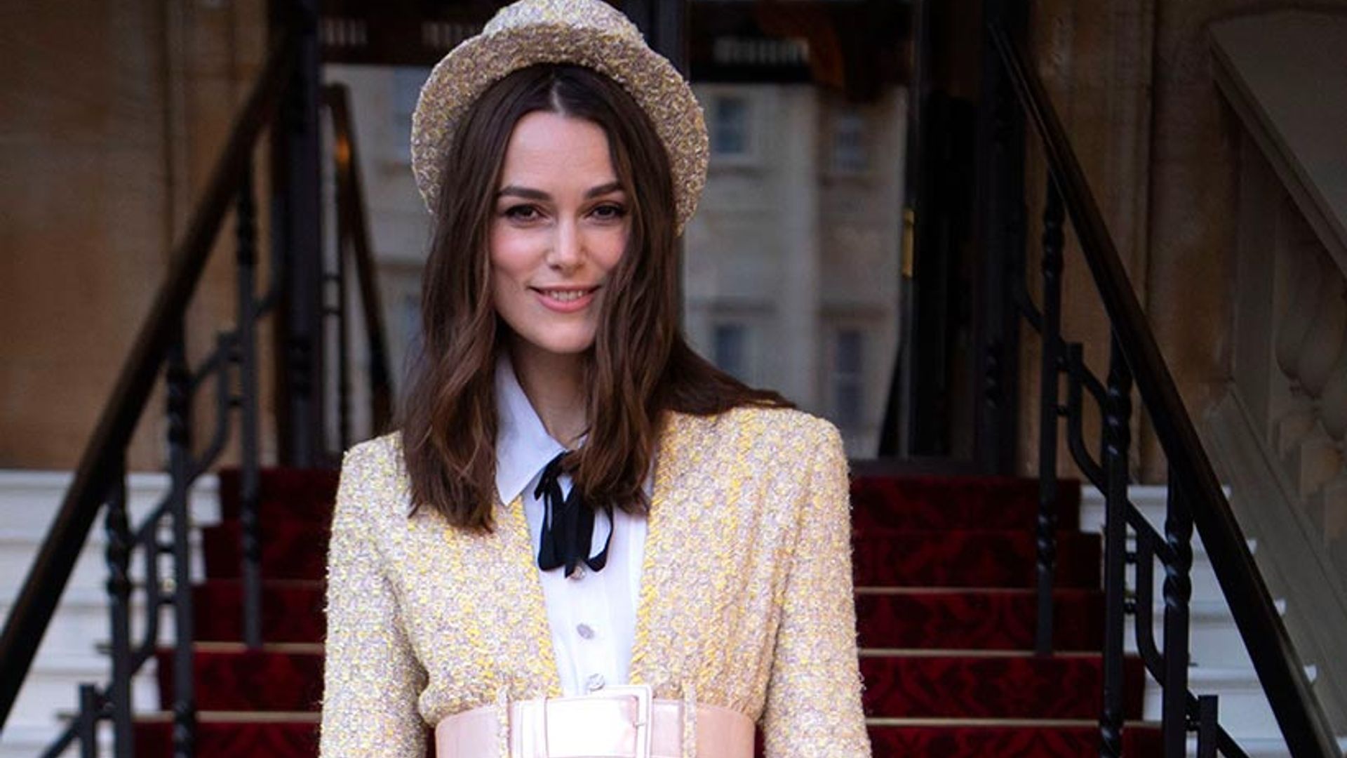 keira knightley yellow tweed outfit chanel