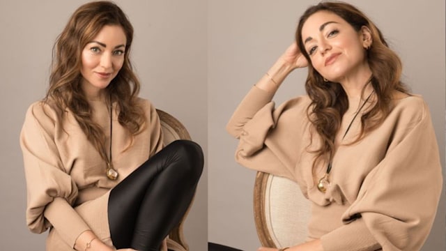split screen photo of a woman smiling in neutral clothes