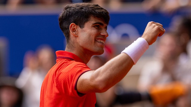 Carlos Alcaraz of Team Spain celebrates during the Men's Singles Gold medal match against Novak Djokovic of Team Serbia on day nine of the Olympic Games Paris 2024