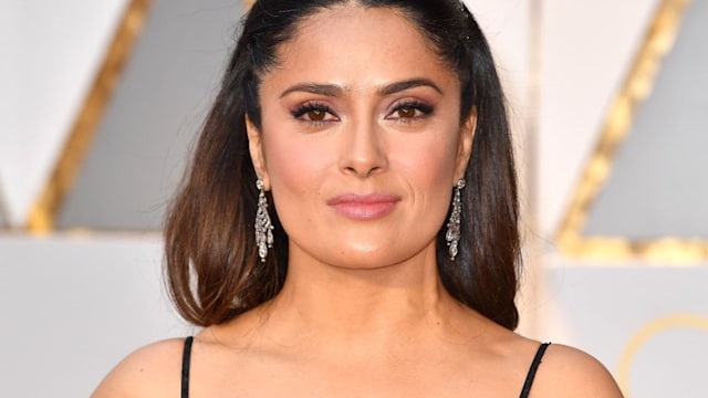 salma hayek wows lace corset dress