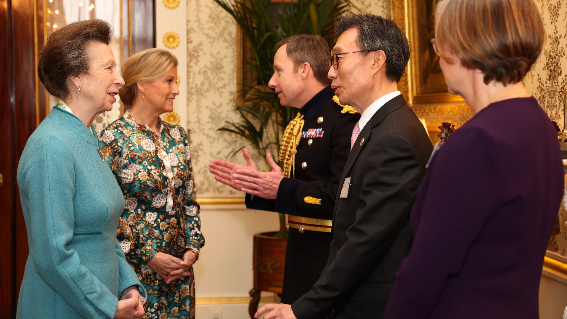 Princess Anne and Duchess Sophie speak with Major General Eldon Millar, Korean Ambassador to the UK, His Excellency Yeocheol Yoon and Director of Remembrance Philippa Rawlinson during a reception for Korean war veterans