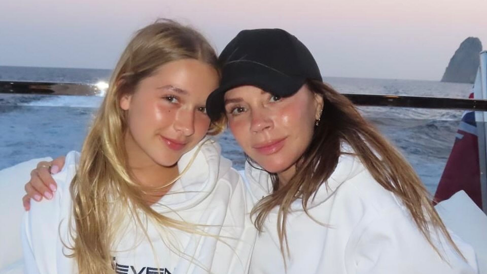 harper beckham victoria beckham boat wearing white sweaters