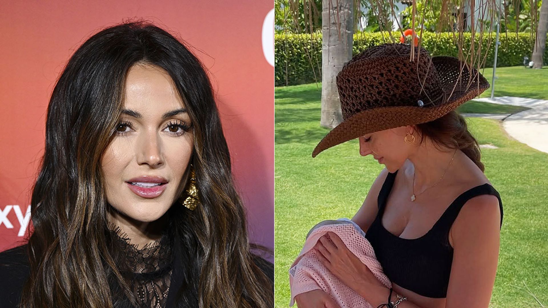 split image showing michelle keegan and michelle cradling baby palma