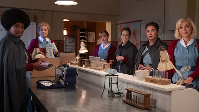 Joyce Highland (RENEE BAILEY)Nurse Crane (LINDA BASSETT)Rosalind Clifford (NATALIE QUARRY), Shelagh Turner (LAURA MAIN) Nancy Corrigan (MEGAN CUSACK) Trixie Aylward 
(HELEN GEORGE) in Call the Midwife