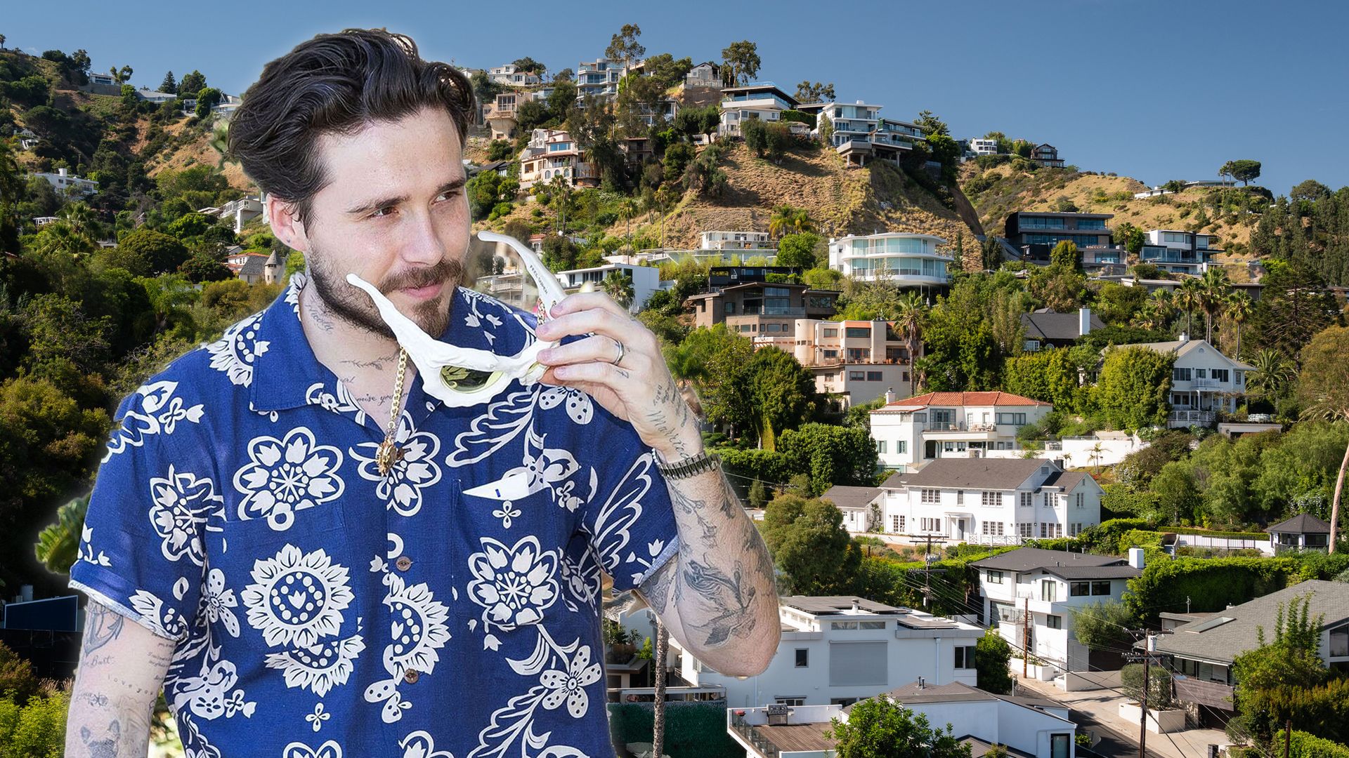 Composite image of Brooklyn Beckham over a view of the Hollywood Hills