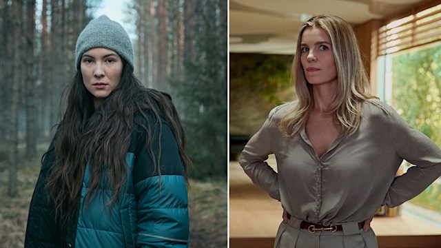 woman in woods, split image with woman in house