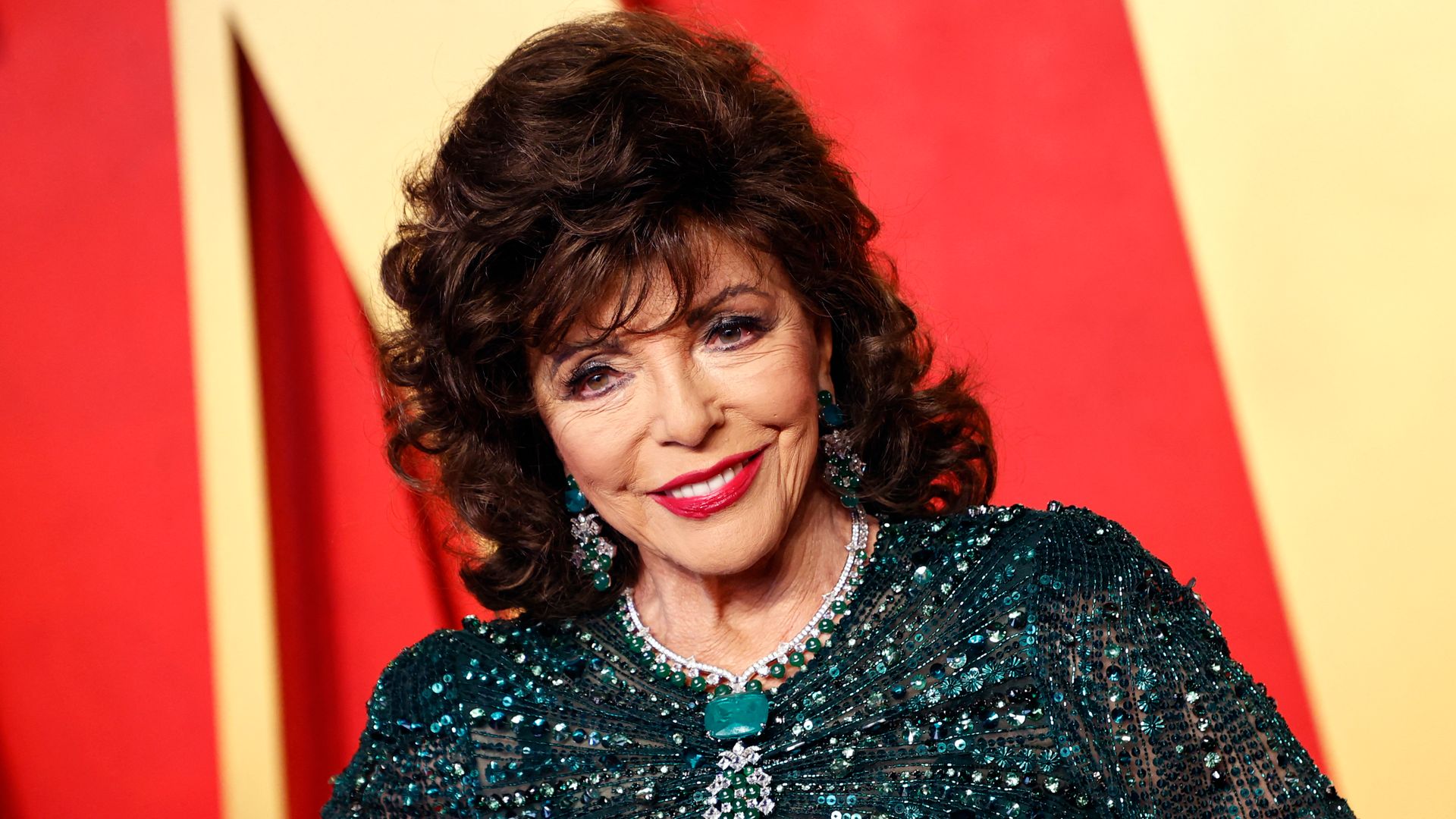 Actress Joan Collins attends the Vanity Fair Oscars Party at the Wallis Annenberg Center for the Performing Arts in Beverly Hills, California, on March 10, 2024