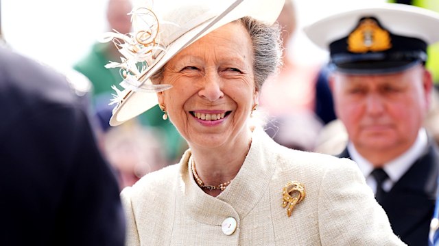 Princess Anne, Princess Royal smiles during a visit to St Peter Port, to attend commemorations in Guernsey and Sark
