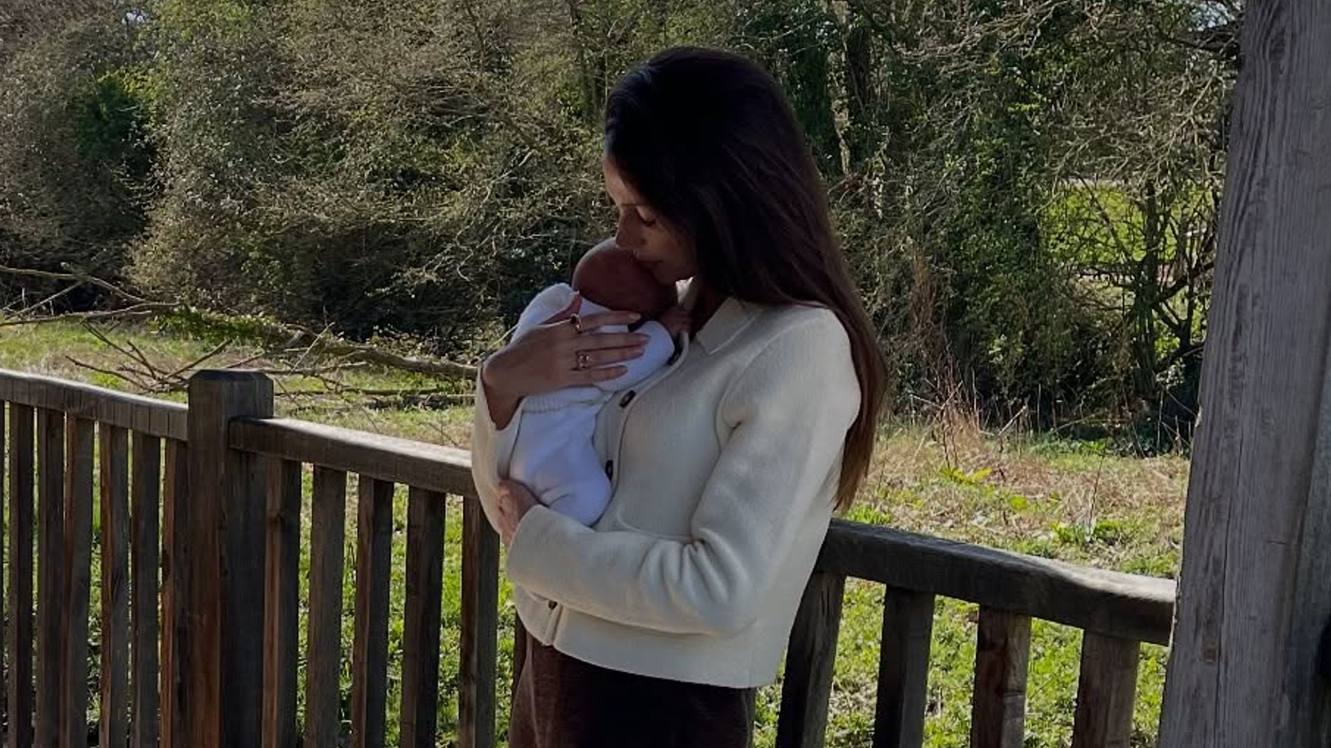 Michelle Keegan kissing her newborn baby on the head whilst at Soho Farmhouse