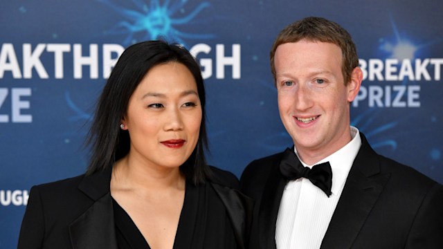 Priscilla Chan and Mark Zuckerberg attend the 2020 Breakthrough Prize Red Carpet at NASA Ames Research Center on November 03, 2019 in Mountain View, California