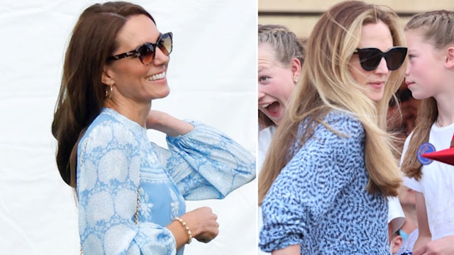 Kate Middleton and Harriet Sperling in blue dresses and sunglasses