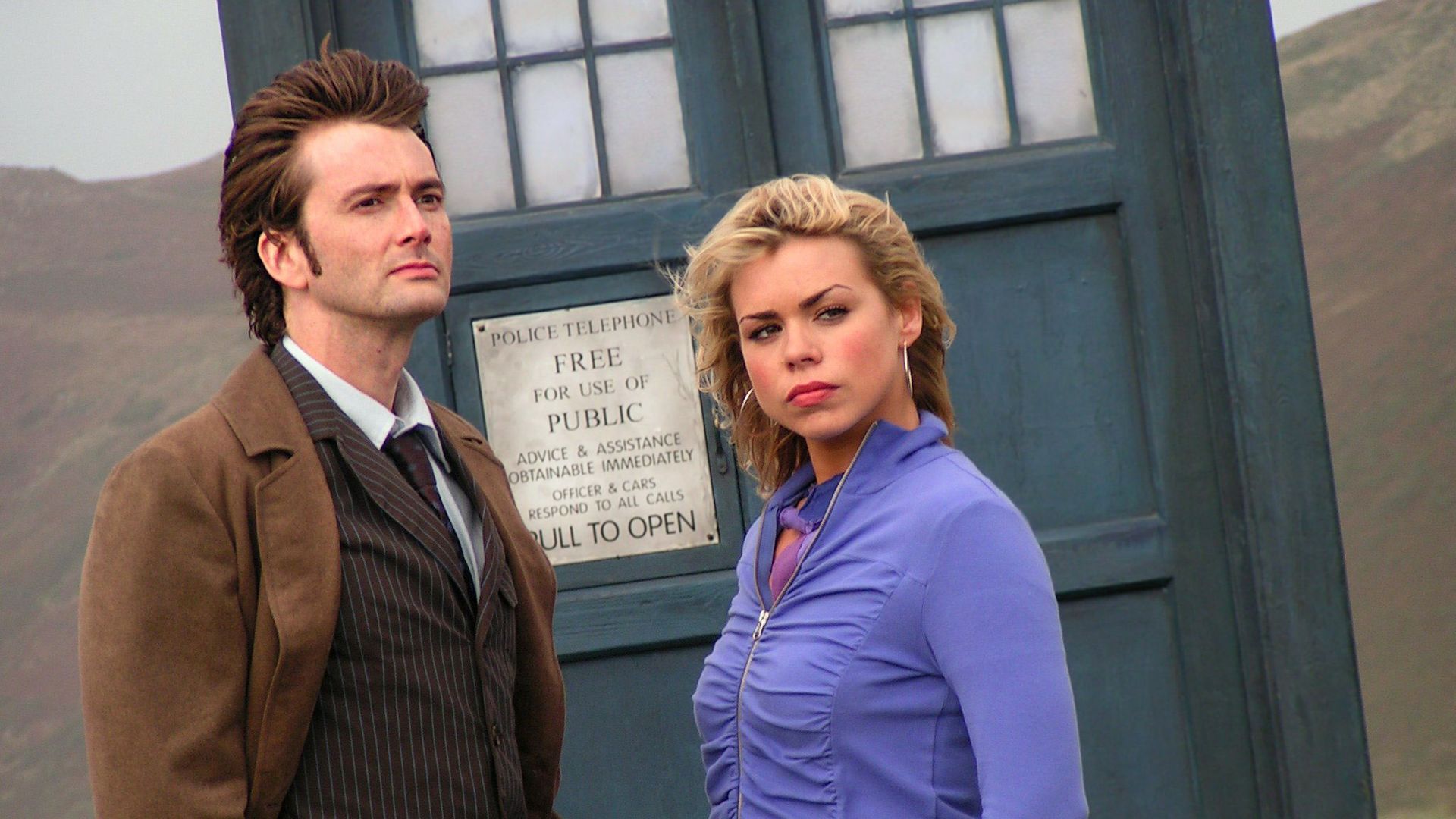 David Tennant and Billie Piper in character as The Doctor and Rose Tyler in Doctor Who