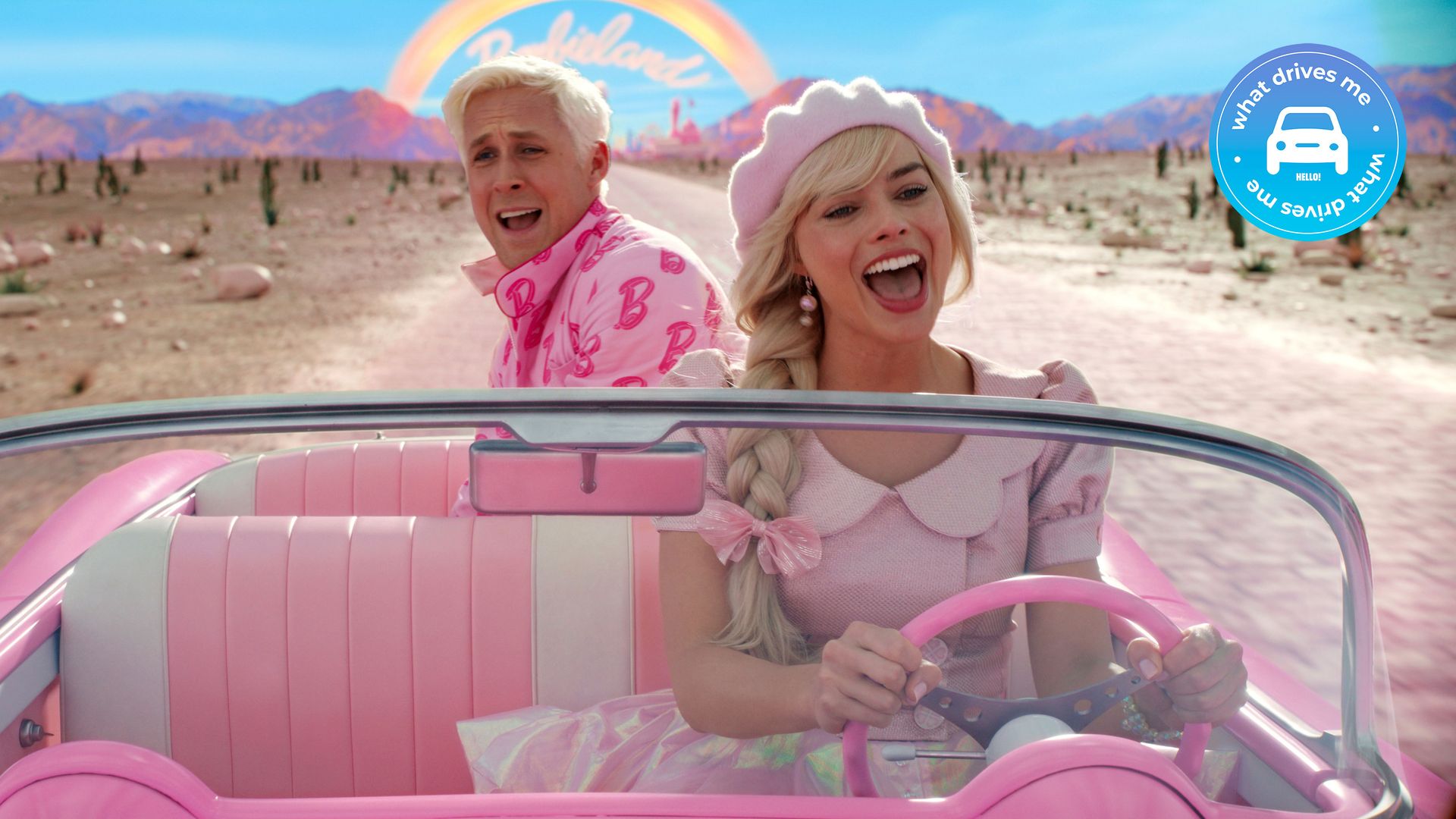 Barbiemania - Margot Robbie and Ryan Gosling driving in Barbie movie