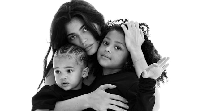 Kylie Jenner posts a black and white image of her and her children Stormi and Aire