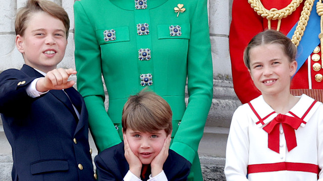 LONDON, ENGLAND - JUNE 17: Prince William, Prince of Wales, Prince Louis of Wales, Catherine, Princess of Wales , Princess Charlotte of Wales and Prince George of Wales on the Buckingham Palace balcony during Trooping the Colour on June 17, 2023 in London, England. Trooping the Colour is a traditional parade held to mark the British Sovereign's official birthday. It will be the first Trooping the Colour held for King Charles III since he ascended to the throne. (Photo by Chris Jackson/Getty Images)