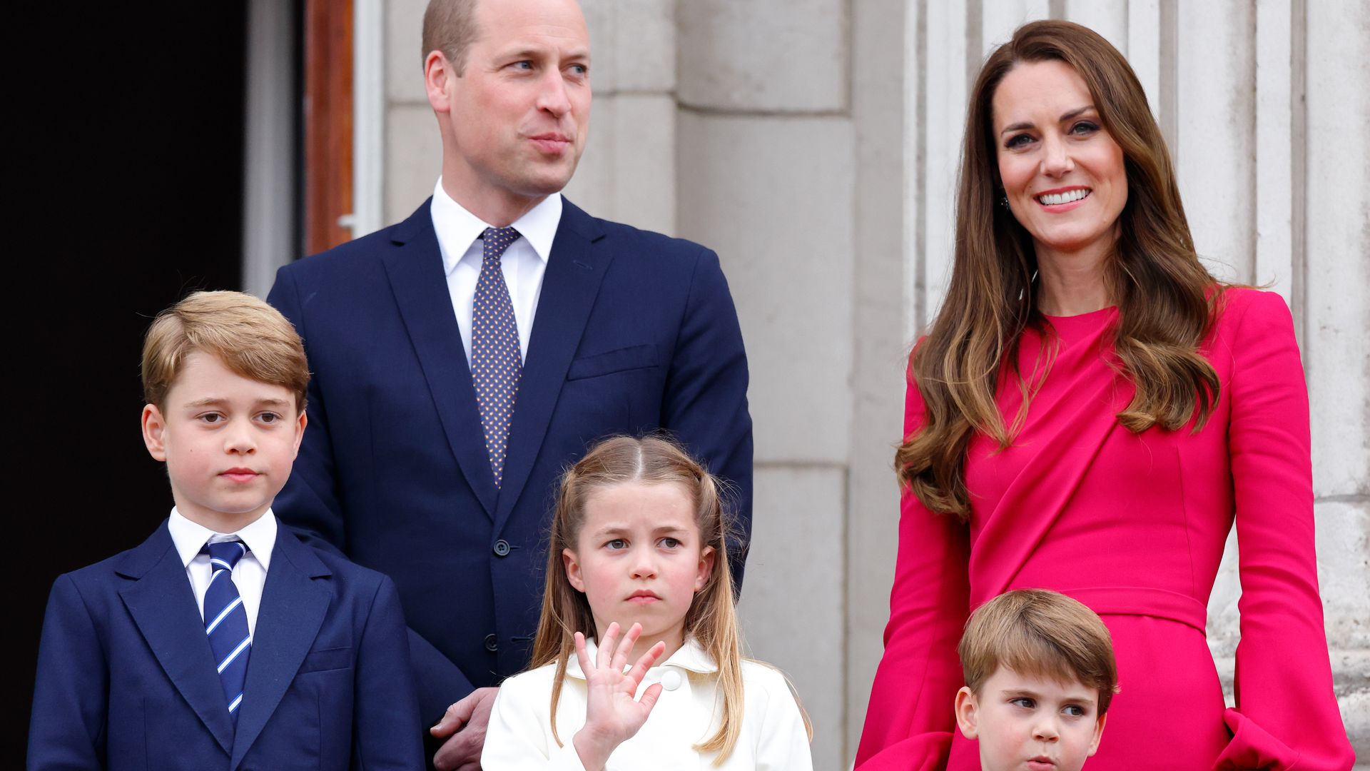 Prince George, Prince William, Princess Charlotte, Prince Louis and Catherine stand on the balcony of Buckingham Palace following the Platinum Pageant on June 5, 2022 in London, England