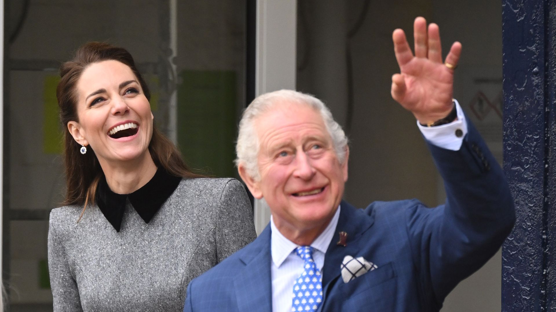 Kate Middleton smiling and King Charles waving