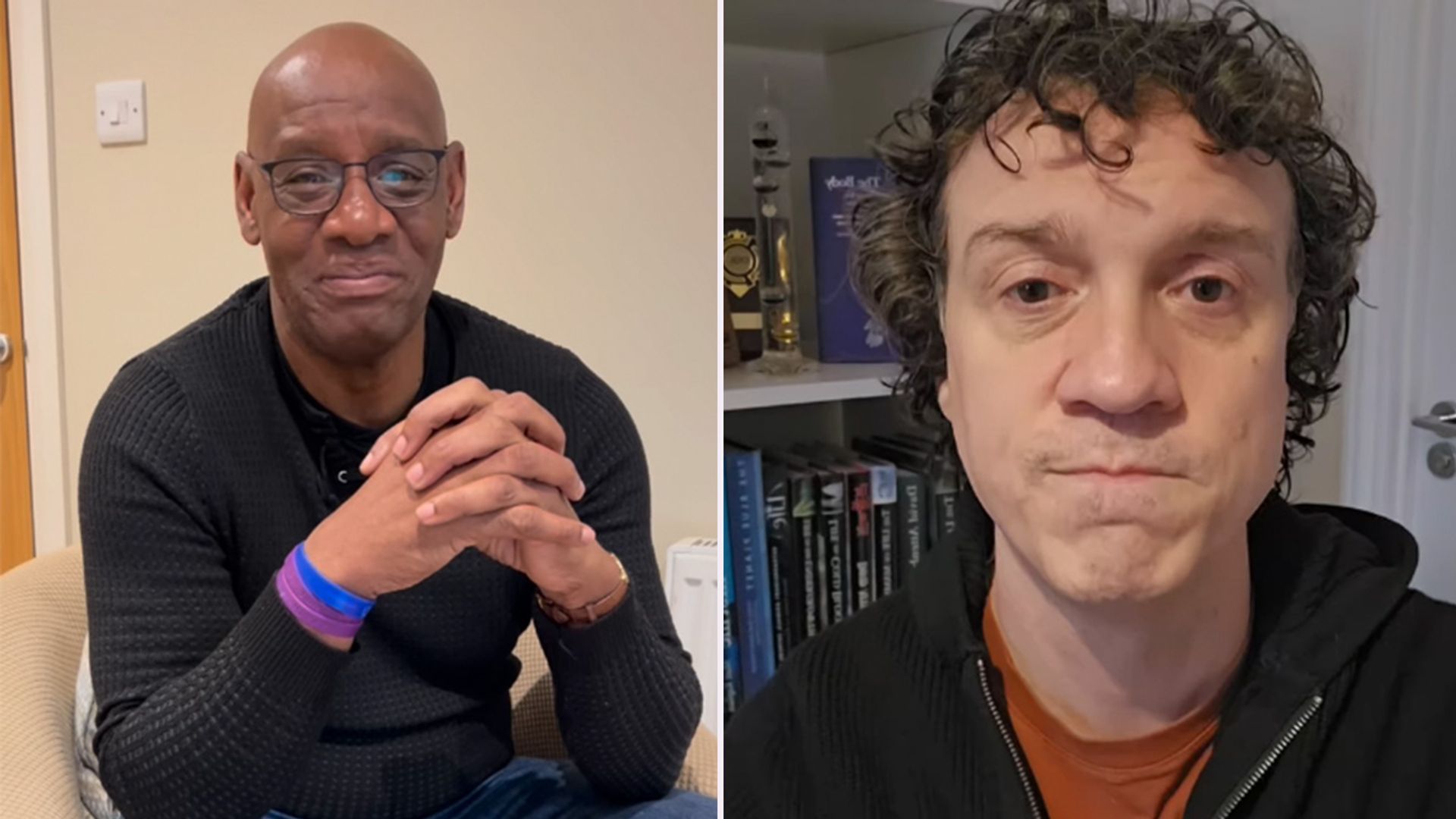 Man sitting on sofa, man standing in front of bookshelf
