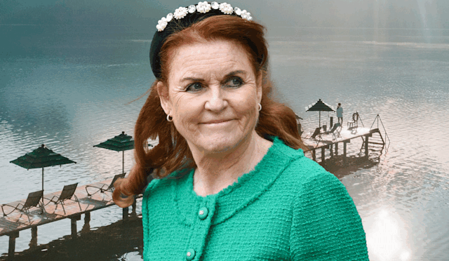 Sarah Ferguson in a green dress against a lake background