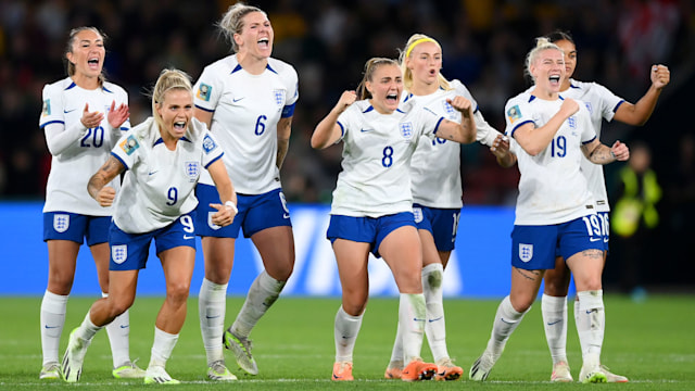 England players celebrate the team's victory through the penalty shoot out in the FIFA Women's World Cup Australia & New Zealand 2023 Round of 16 match between England and Nigeria at Brisbane Stadium 