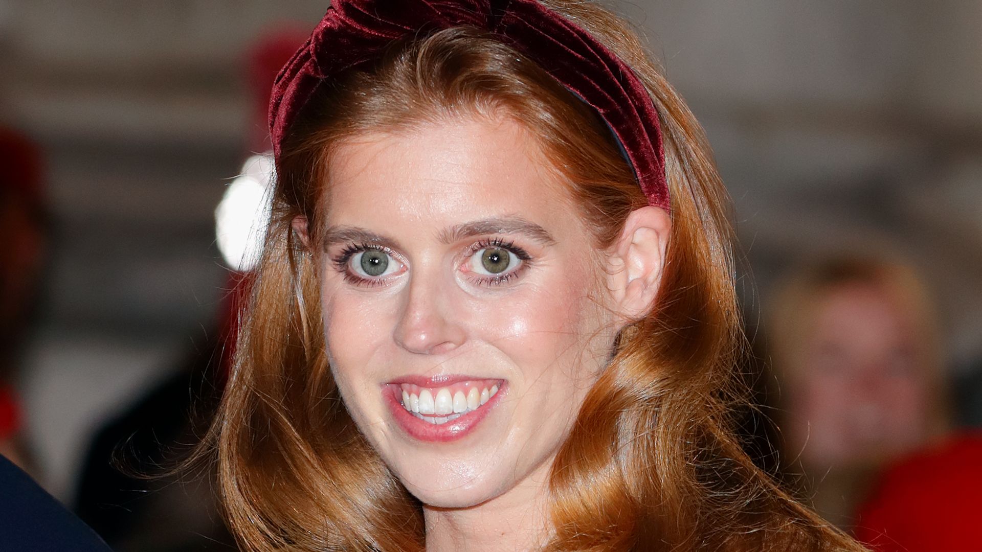 princess beatrice brown coat red headband 