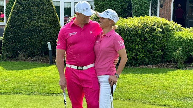 Zara and Mike Tindall wearing pink playing gold