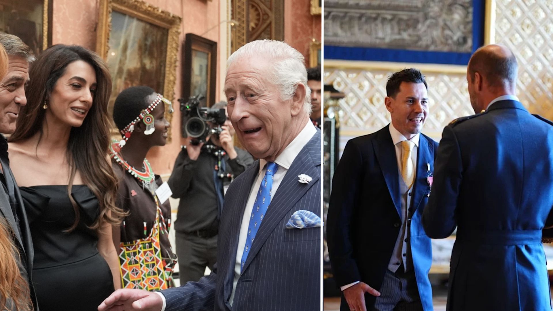 Composite image of George and Amal Clooney meeting King Charles, next to a picture of Jaco van Goss meeting Prince William