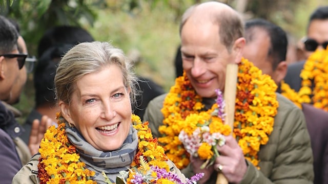 Sophie, Duchess of Edinburgh and Prince Edward, Duke of Edinburgh arrive for a tour of the Gurung community centre and museum during an official visit to Nepal on February 09, 2025 in Ghandruk, Nepal. 