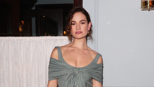 Lily James captured wearing a gorgeous grey gown at the afterparty of new play, Lyonesse