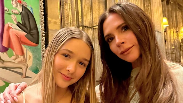Harper Beckham and her mum Victoria Beckham at the former Spice Girl's 50th birthday party 