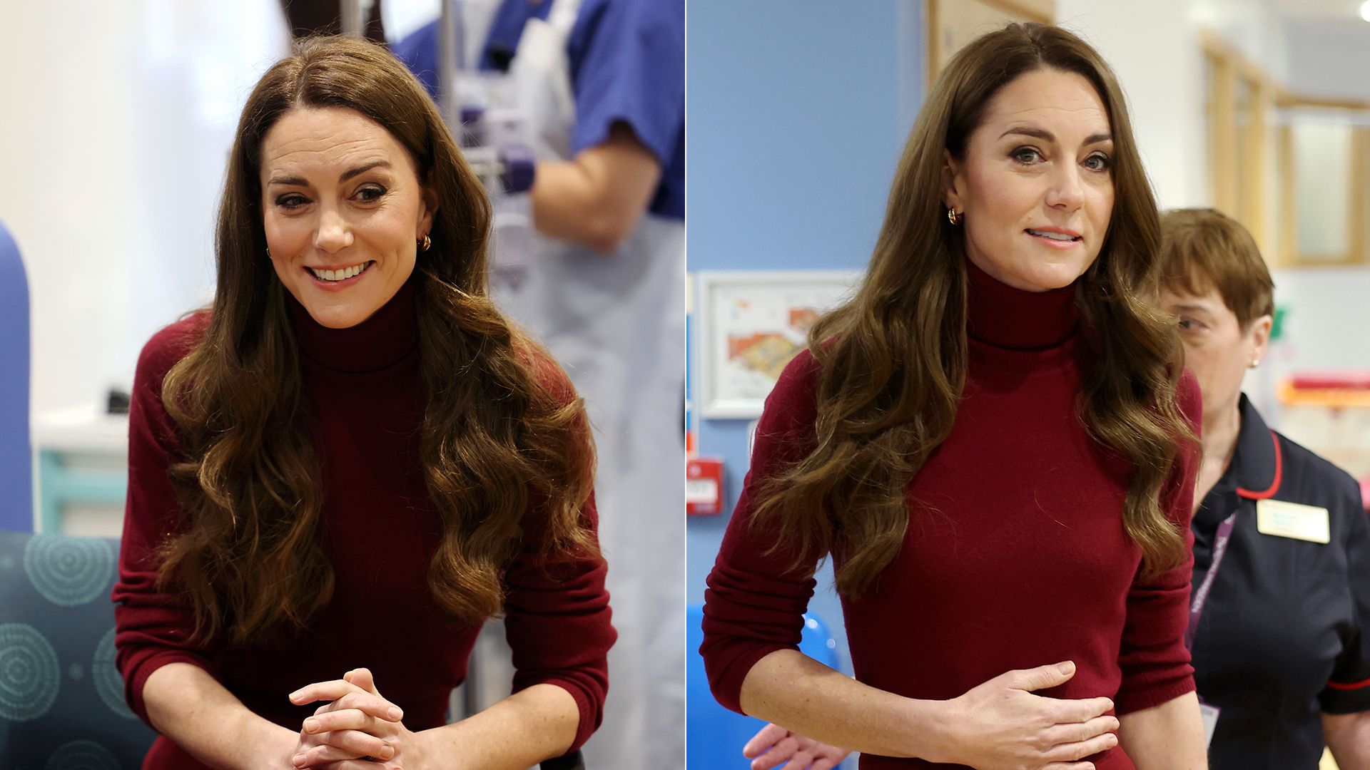 The Princess of Wales wears a red dress during a visit to The Royal Marsden Hospital